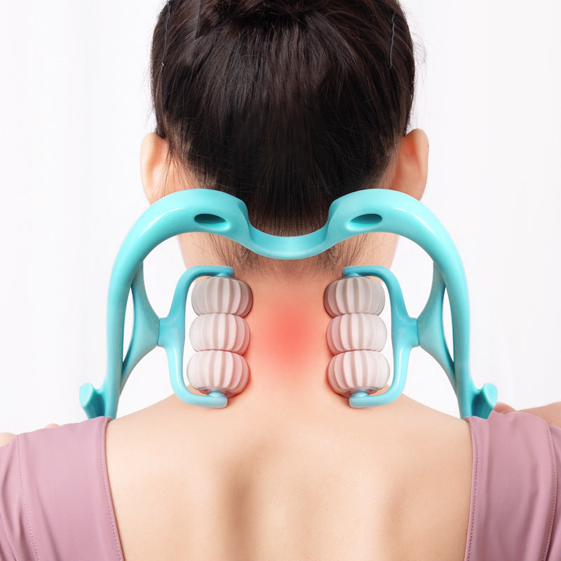 Ergonomic Six-Wheel Roller Handheld Neck Massager with Dynamic Rollers