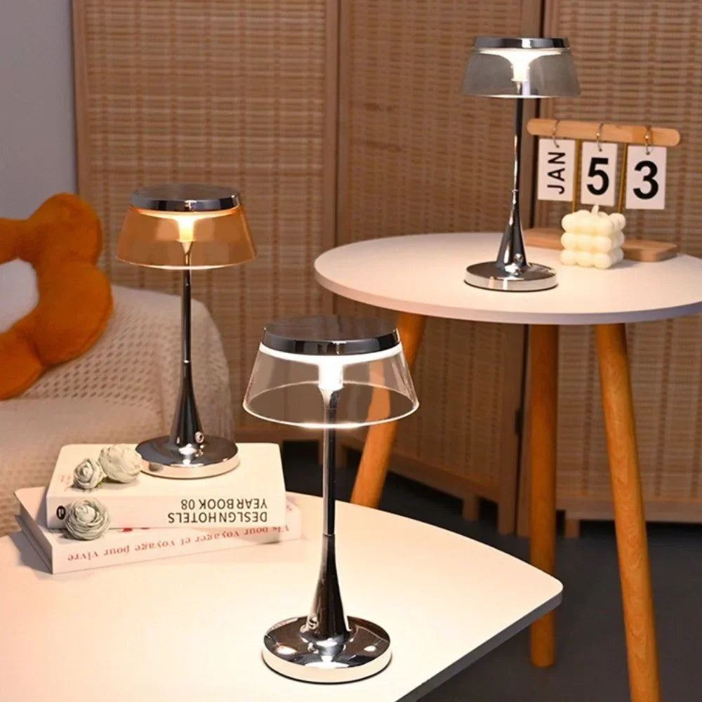 Translucent Acrylic Shade Cordless Rechargeable Dimmable Metal Base Table Lamp