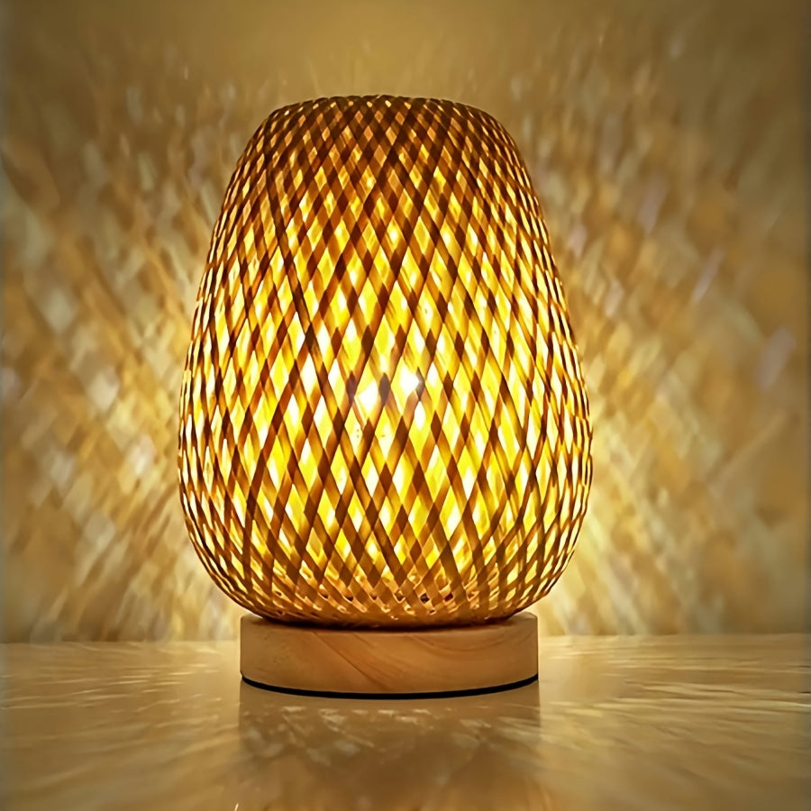 Handwoven Bamboo Dimmable Table Lamp With Natural Wood Base