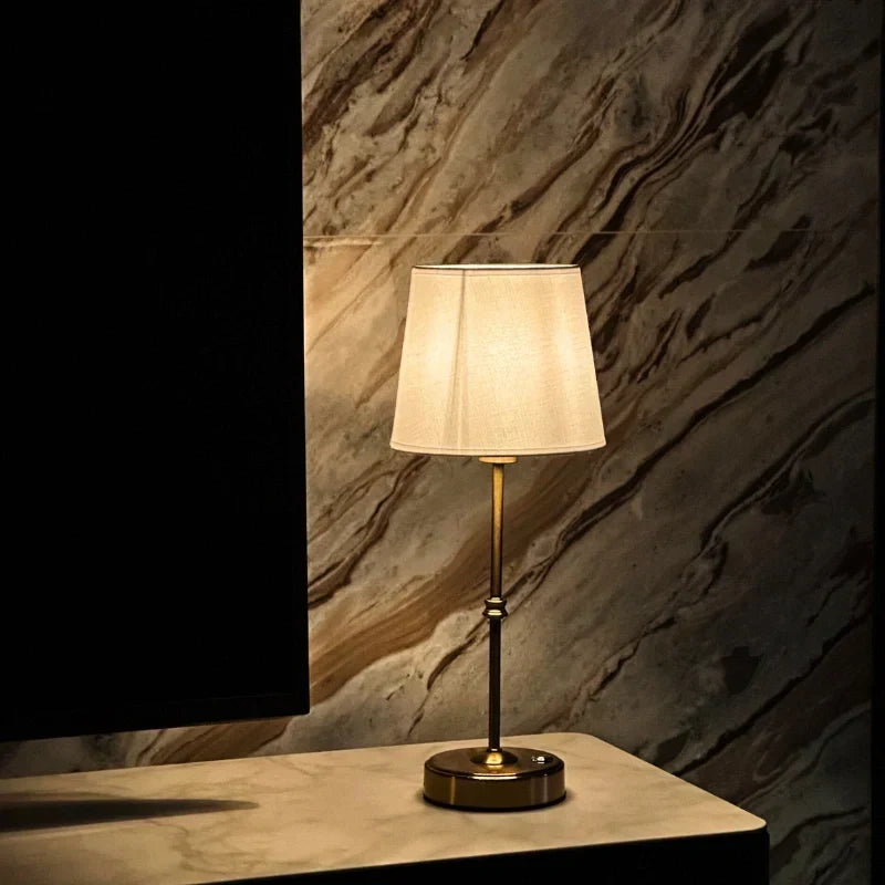 Brushed Metal Fabric Shade Rechargeable Dimmable Cordless Table Lamp