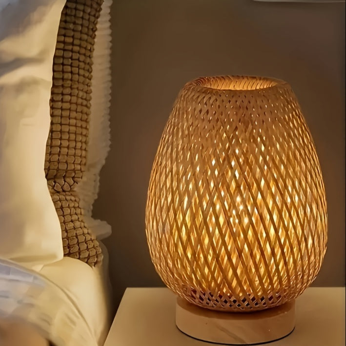 Handwoven Bamboo Dimmable Table Lamp With Natural Wood Base
