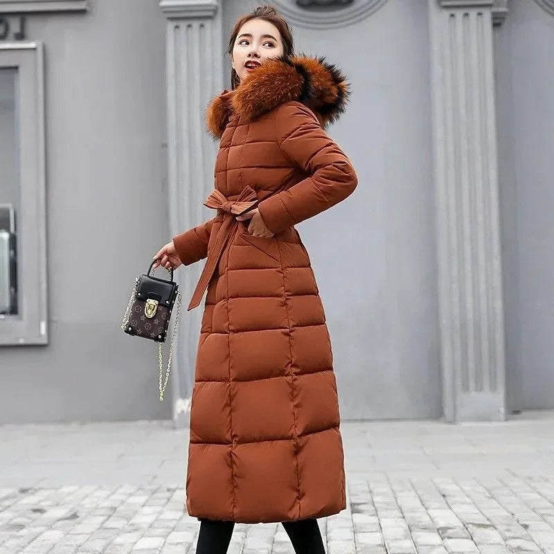 Women's Long Belted Fur Hood Puffer Coat
