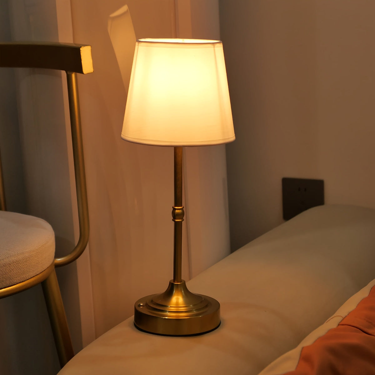 Brushed Metal Fabric Shade Rechargeable Cordless Touch Table Lamp