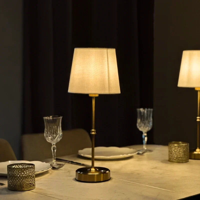 Brushed Metal Fabric Shade Rechargeable Dimmable Cordless Table Lamp