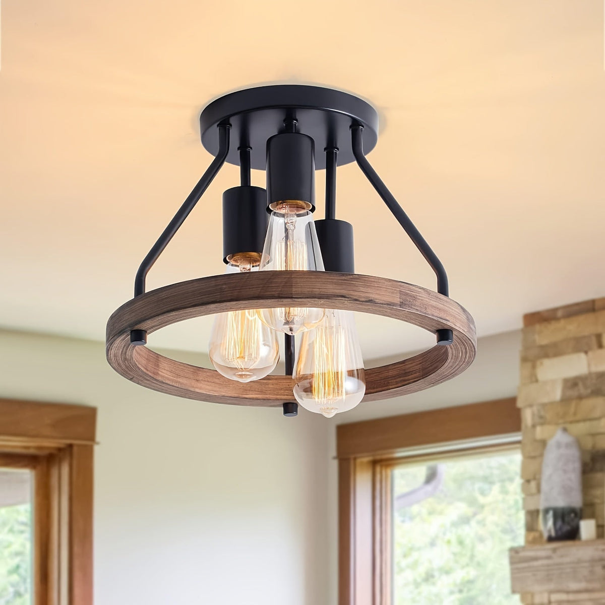 Rustic Wood Ring Industrial Semi Flush Mount Ceiling Light