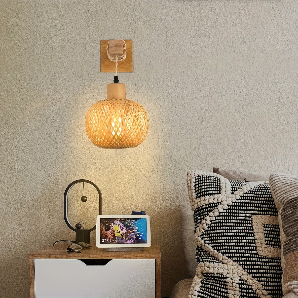 Rustic Bohemian Style Handwoven Rattan Wood Wall Light