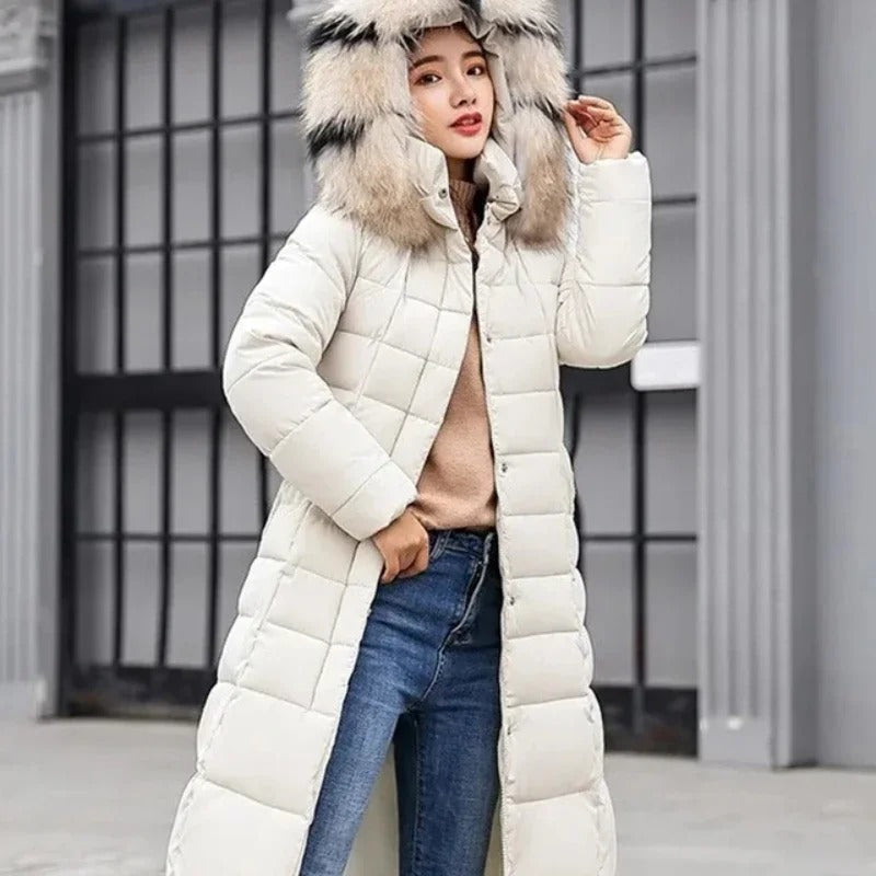 Women's Long Belted Fur Hood Puffer Coat