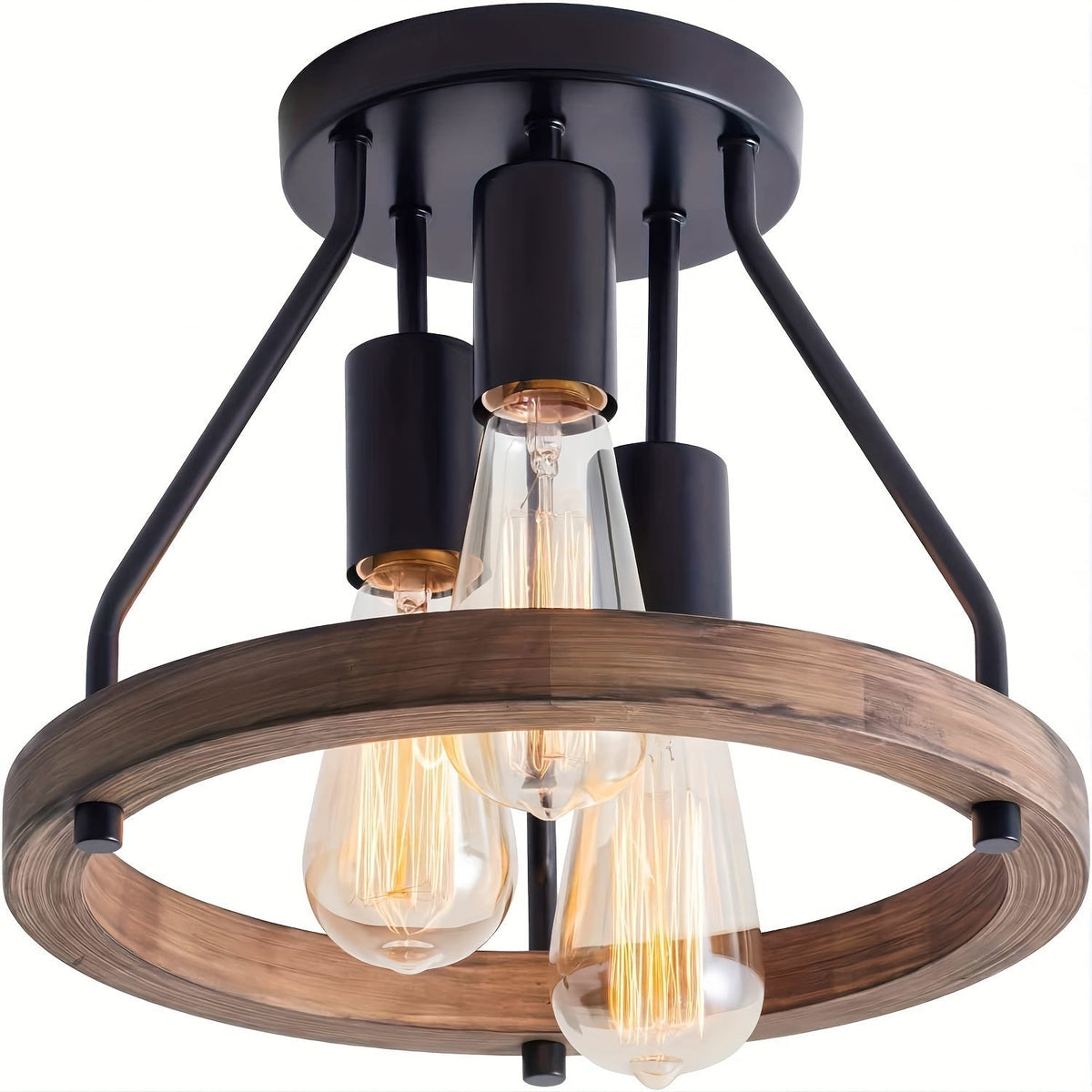 Rustic Wood Ring Industrial Semi Flush Mount Ceiling Light