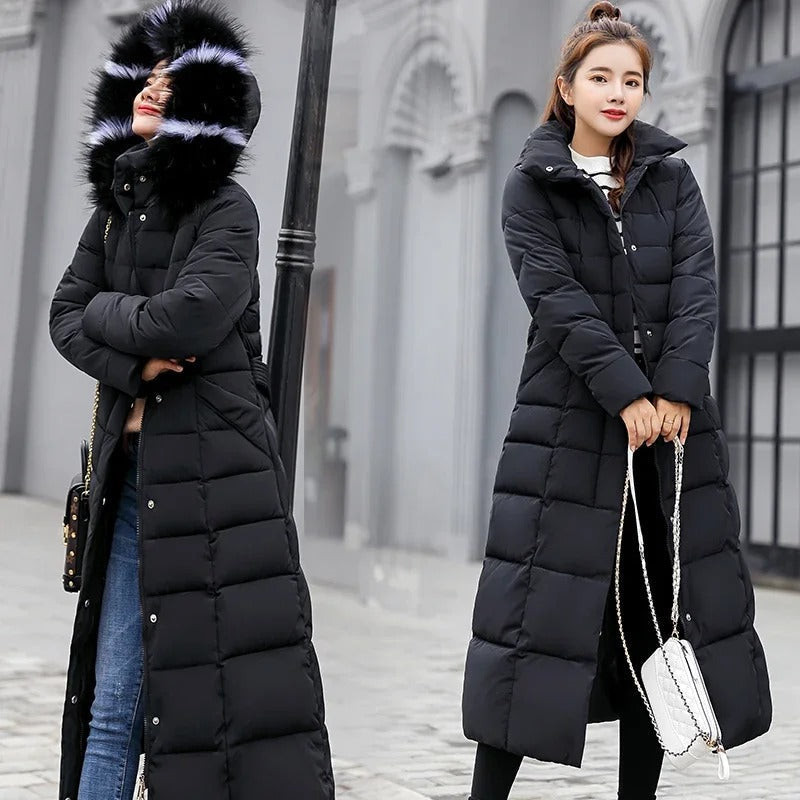 Women's Long Belted Fur Hood Puffer Coat