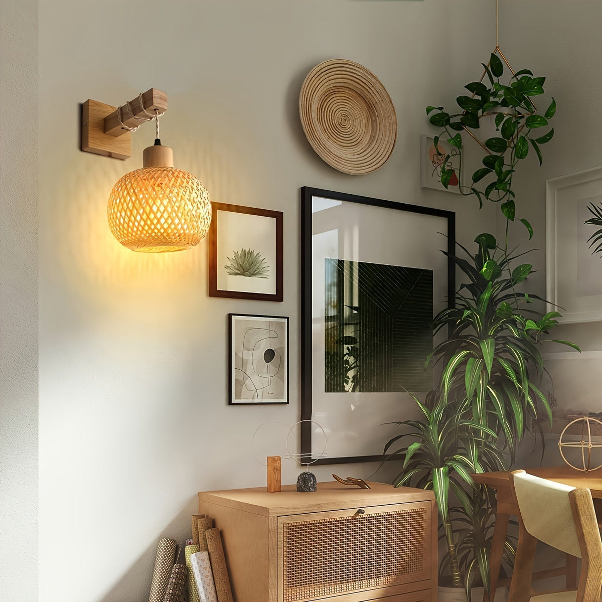 Rustic Bohemian Style Handwoven Rattan Wood Wall Light