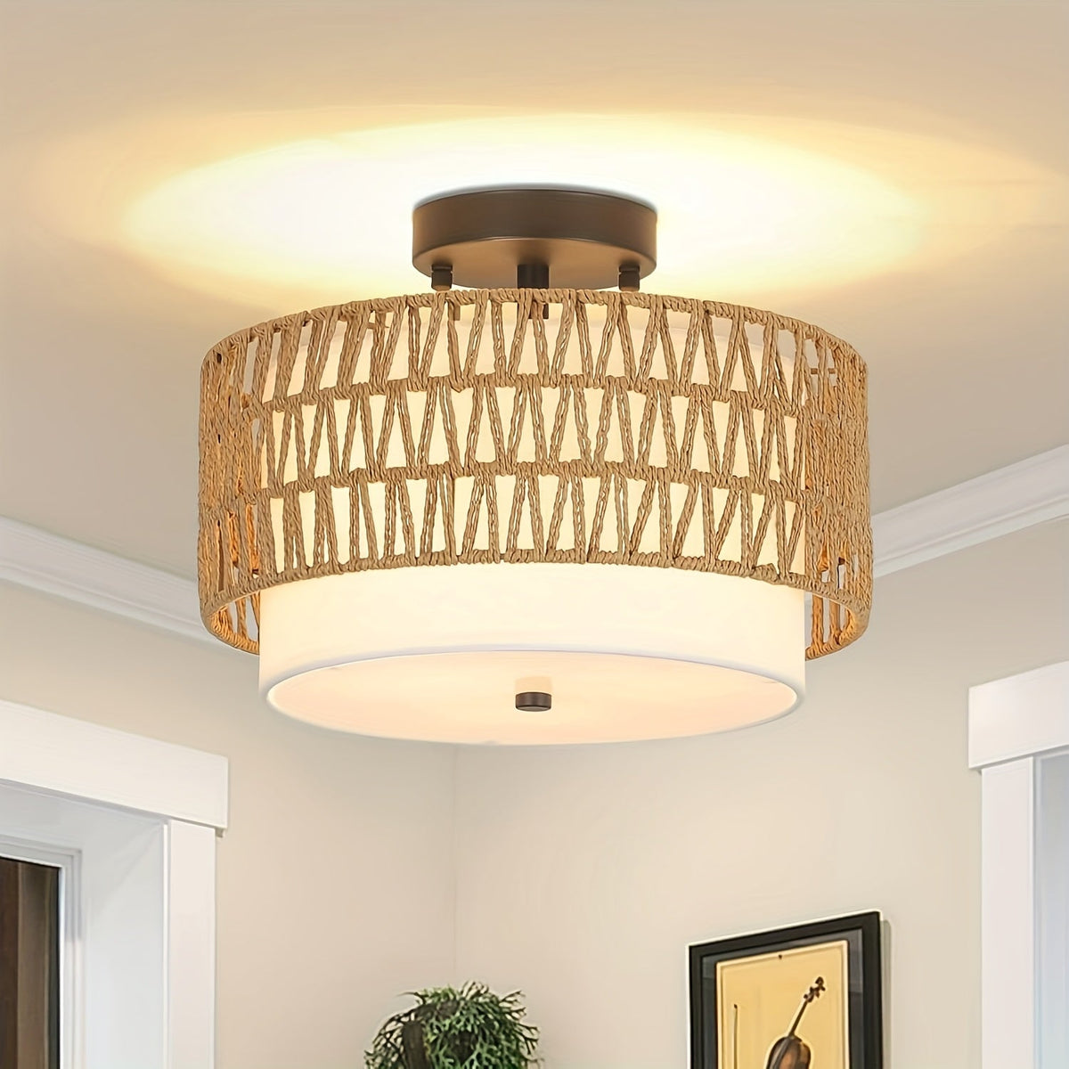 Woven Rattan Textured Linen Diffuser Semi-Flush Ceiling Light
