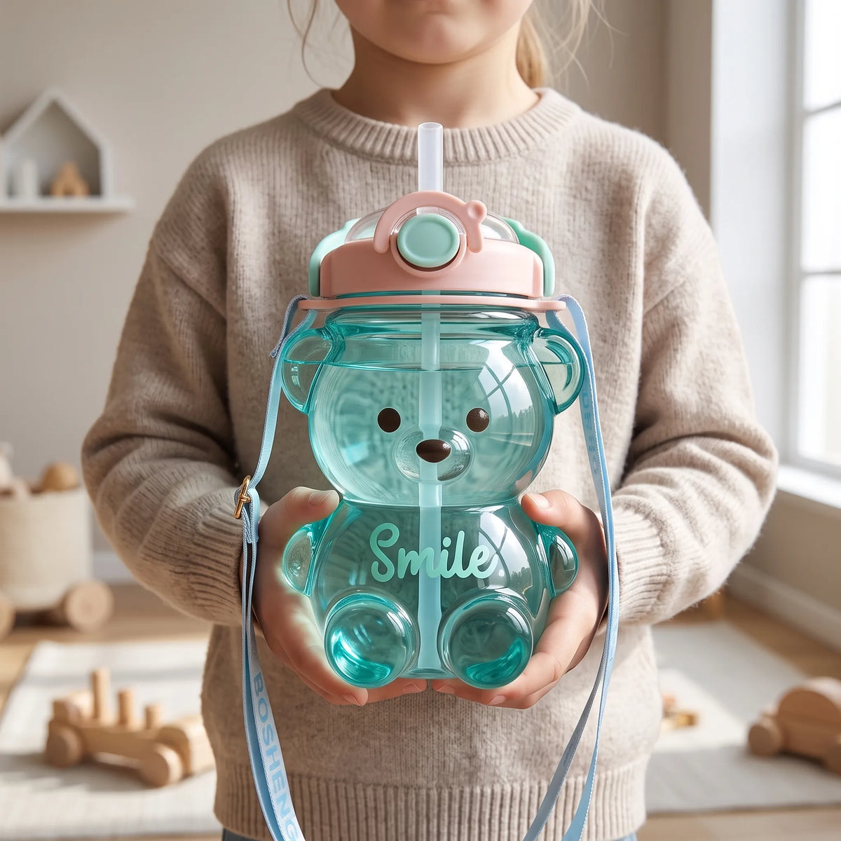 Playful Bear-Shaped Transparent Kids Water Bottle With Strap