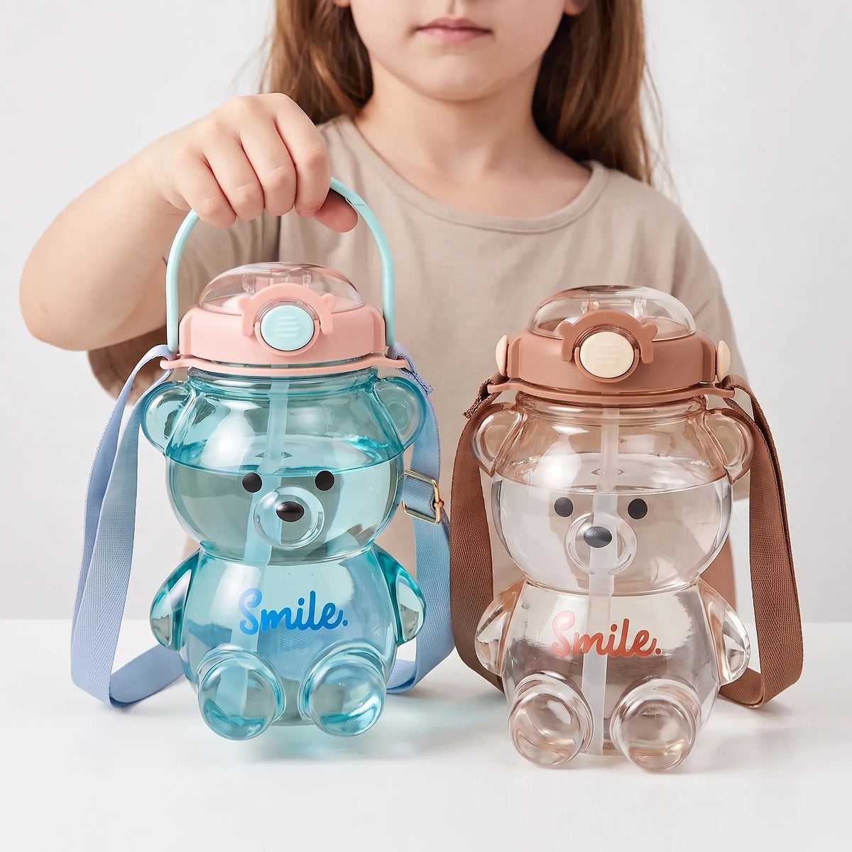 Playful Bear-Shaped Transparent Kids Water Bottle With Strap