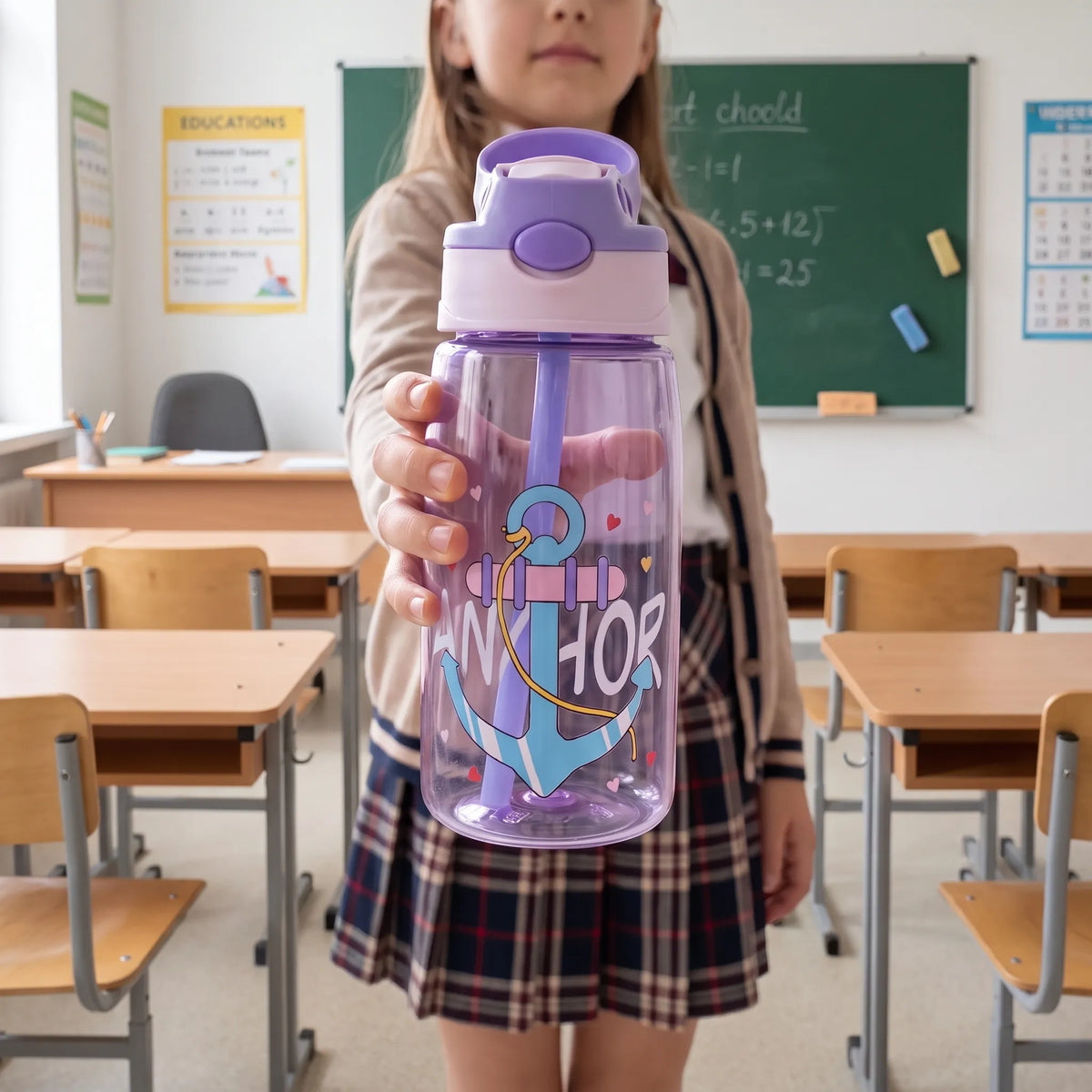 Transparent Cartoon Print Push Button Straw Kids Water Bottle