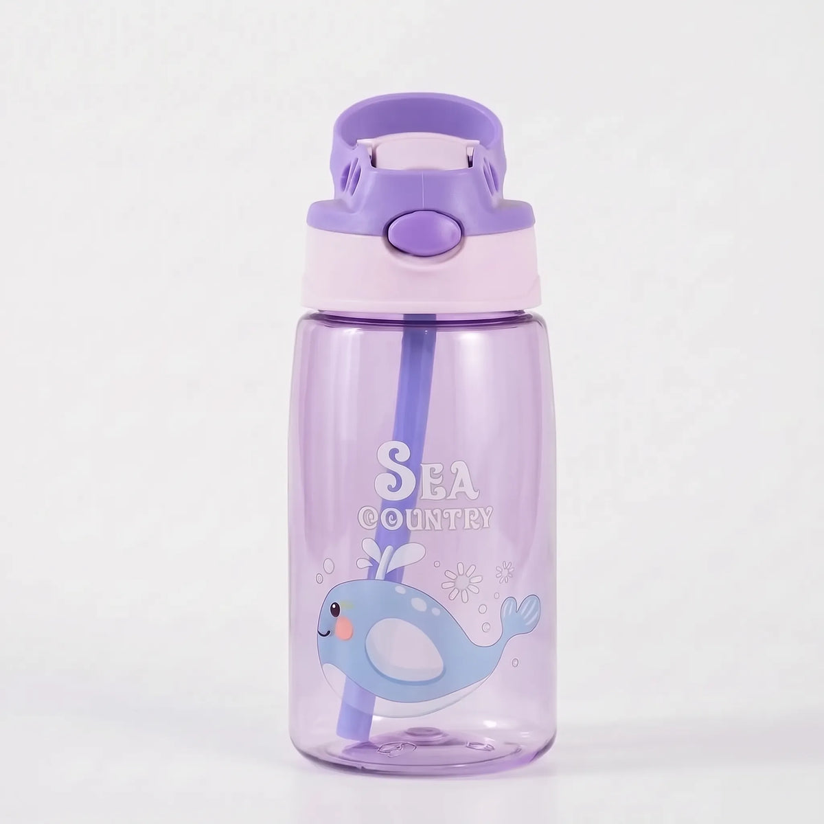Transparent Cartoon Print Push Button Straw Kids Water Bottle