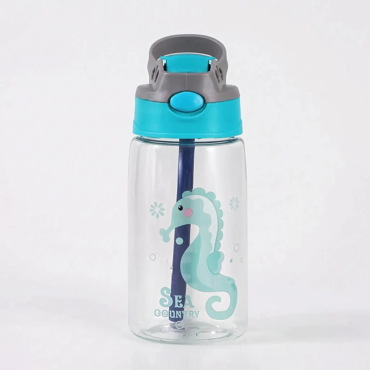 Transparent Cartoon Print Push Button Straw Kids Water Bottle