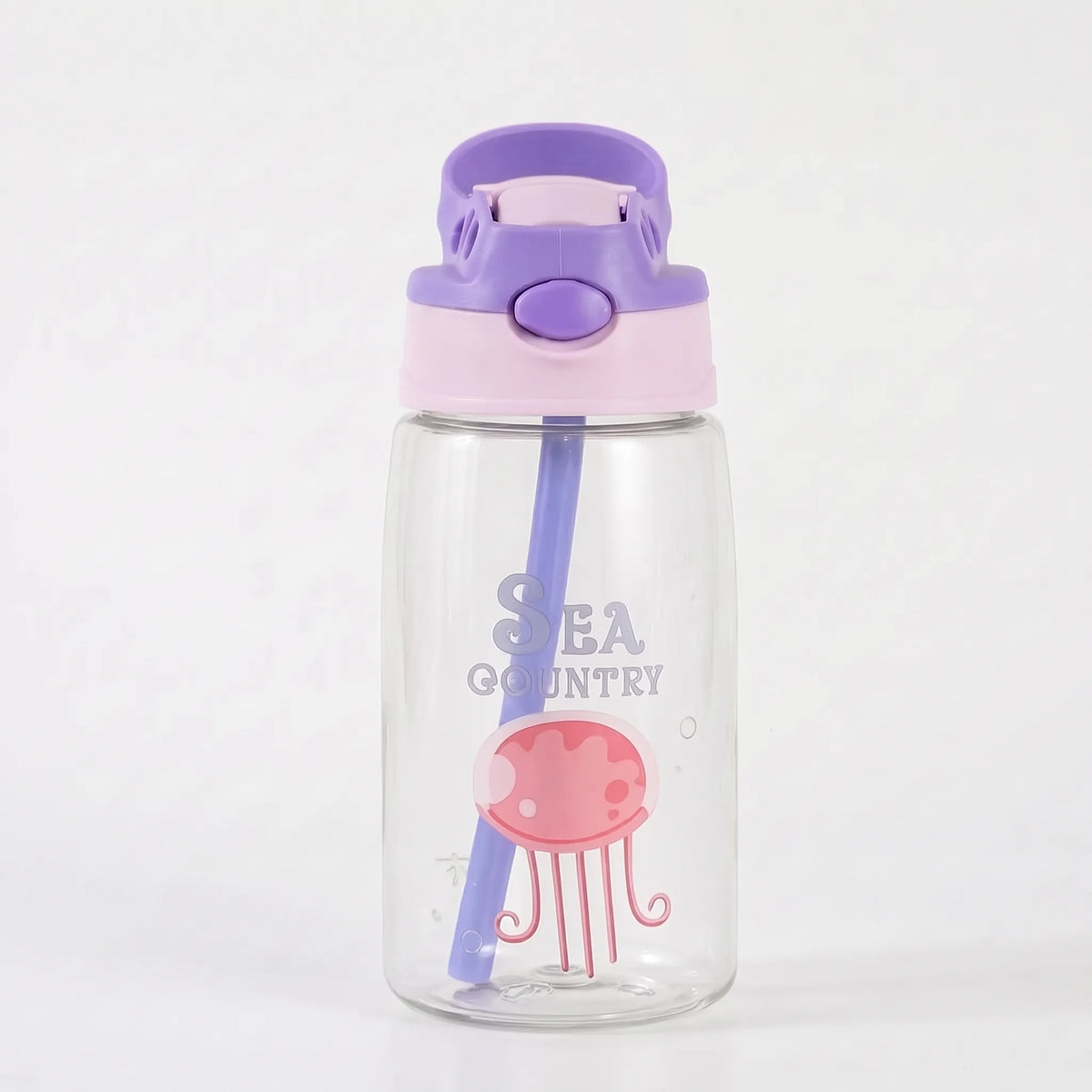 Transparent Cartoon Print Push Button Straw Kids Water Bottle
