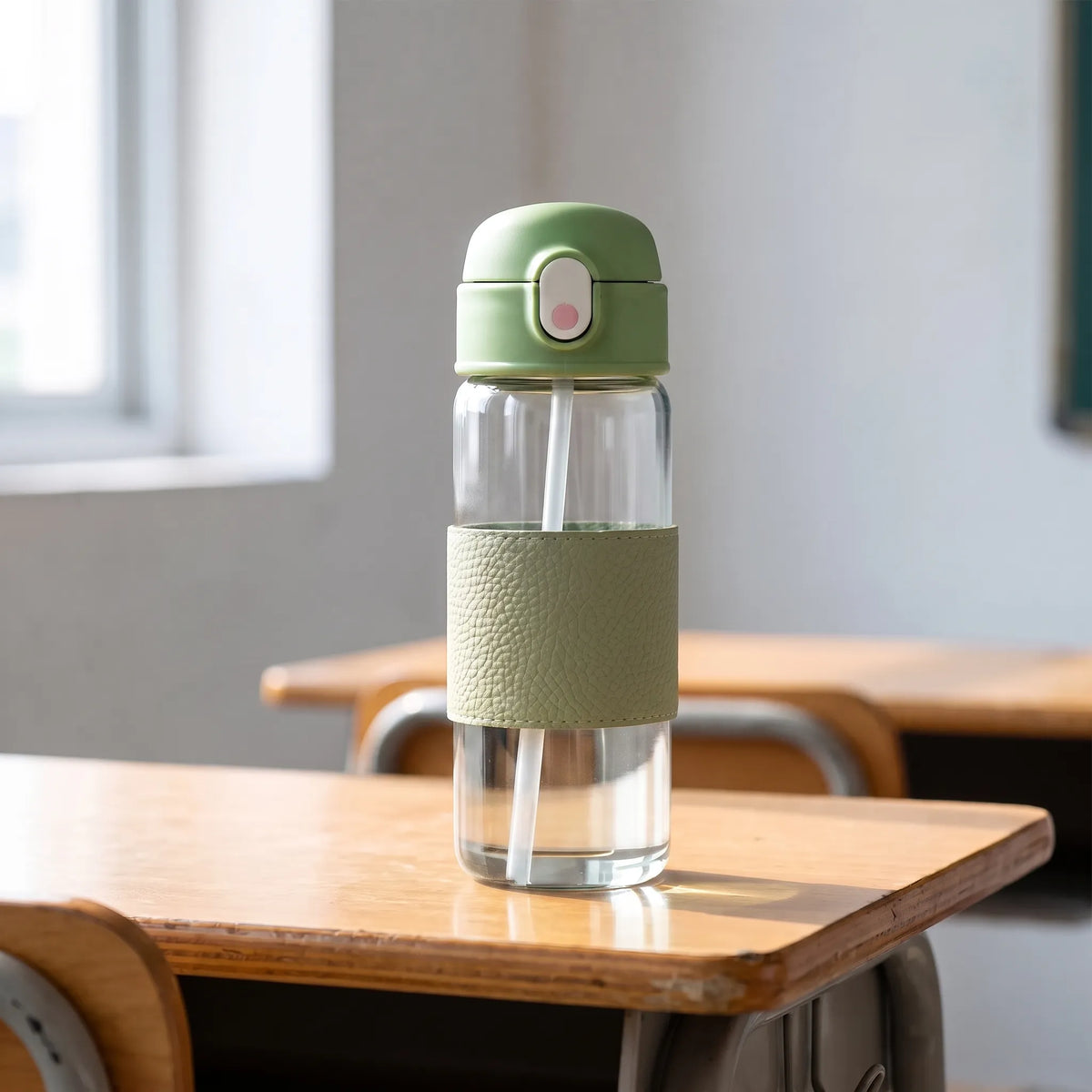 Textured Grip Glass Push-Button Straw Water Bottle