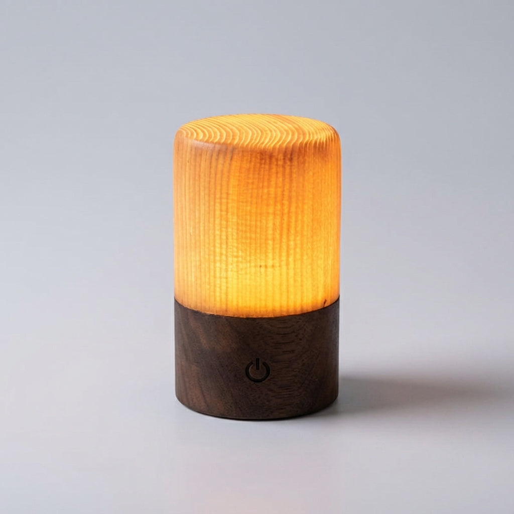 Compact Cylindrical Wood Grain Cordless Rechargeable Touch Dimmable Table Lamp