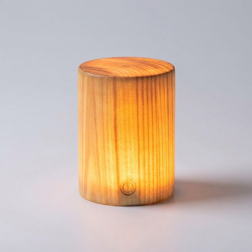 Compact Cylindrical Wood Grain Cordless Rechargeable Touch Dimmable Table Lamp