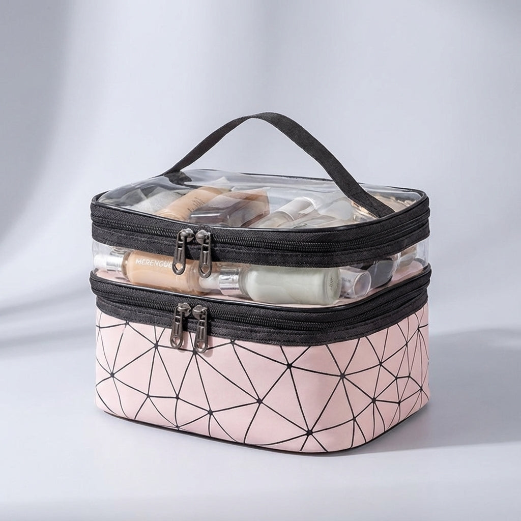 Plaid Pattern Double Layered Transparent Top Toiletry Bag