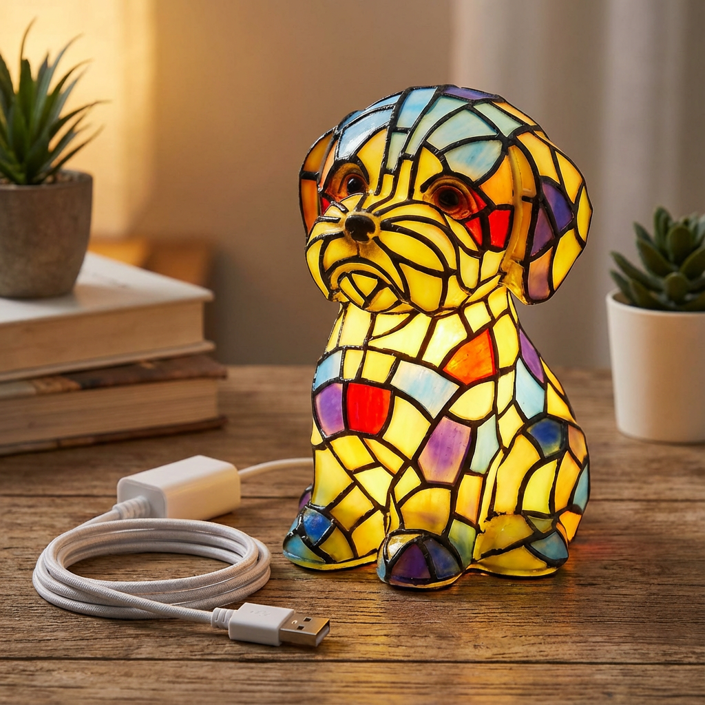 Modern Sculpted Resin Figurine Ambient Bedside Stained Glass Table Lamp
