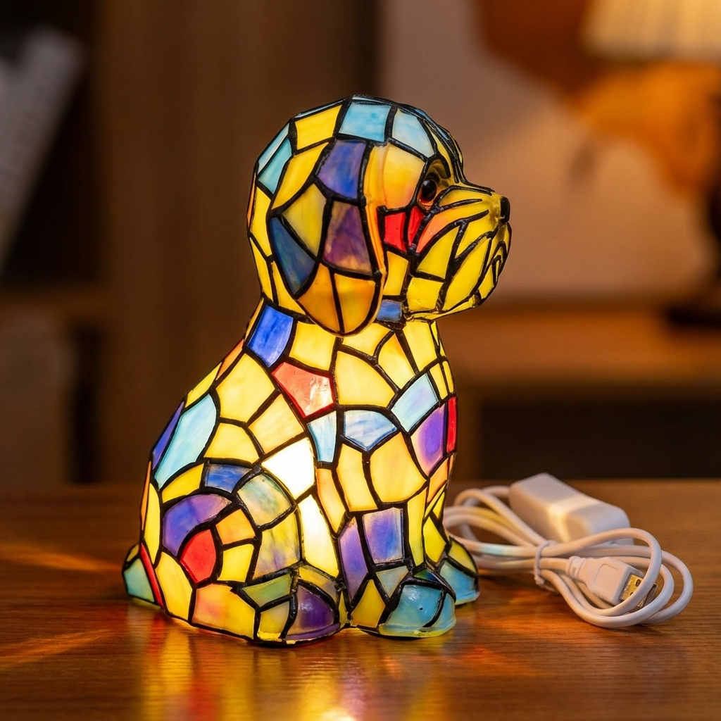 Modern Sculpted Resin Figurine Ambient Bedside Stained Glass Table Lamp