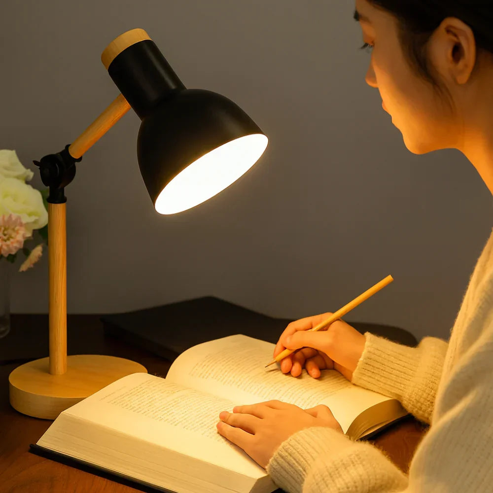Nordic Wooden Base Adjustable Arm Desk Table Lamp