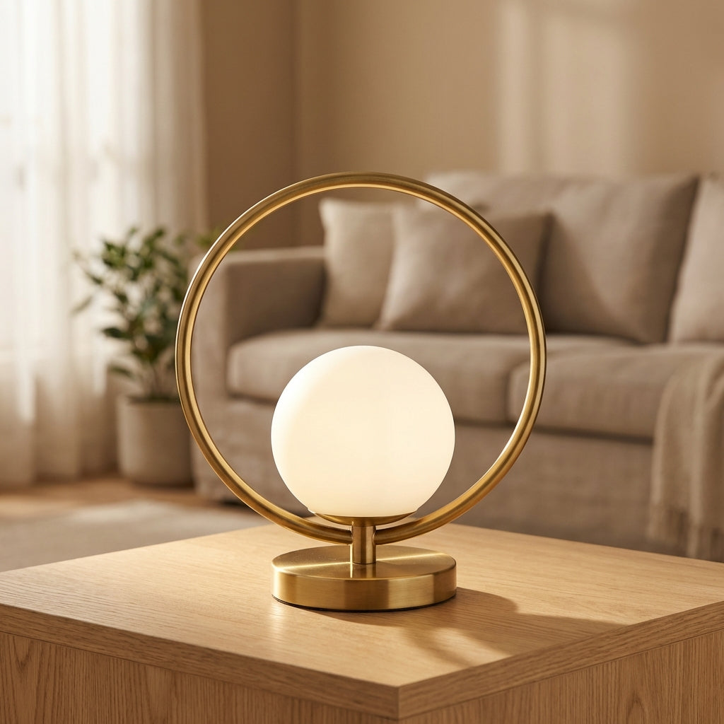 Sculptural Ring Silhouette Suspended Glass Globe Dimmable Table Lamp