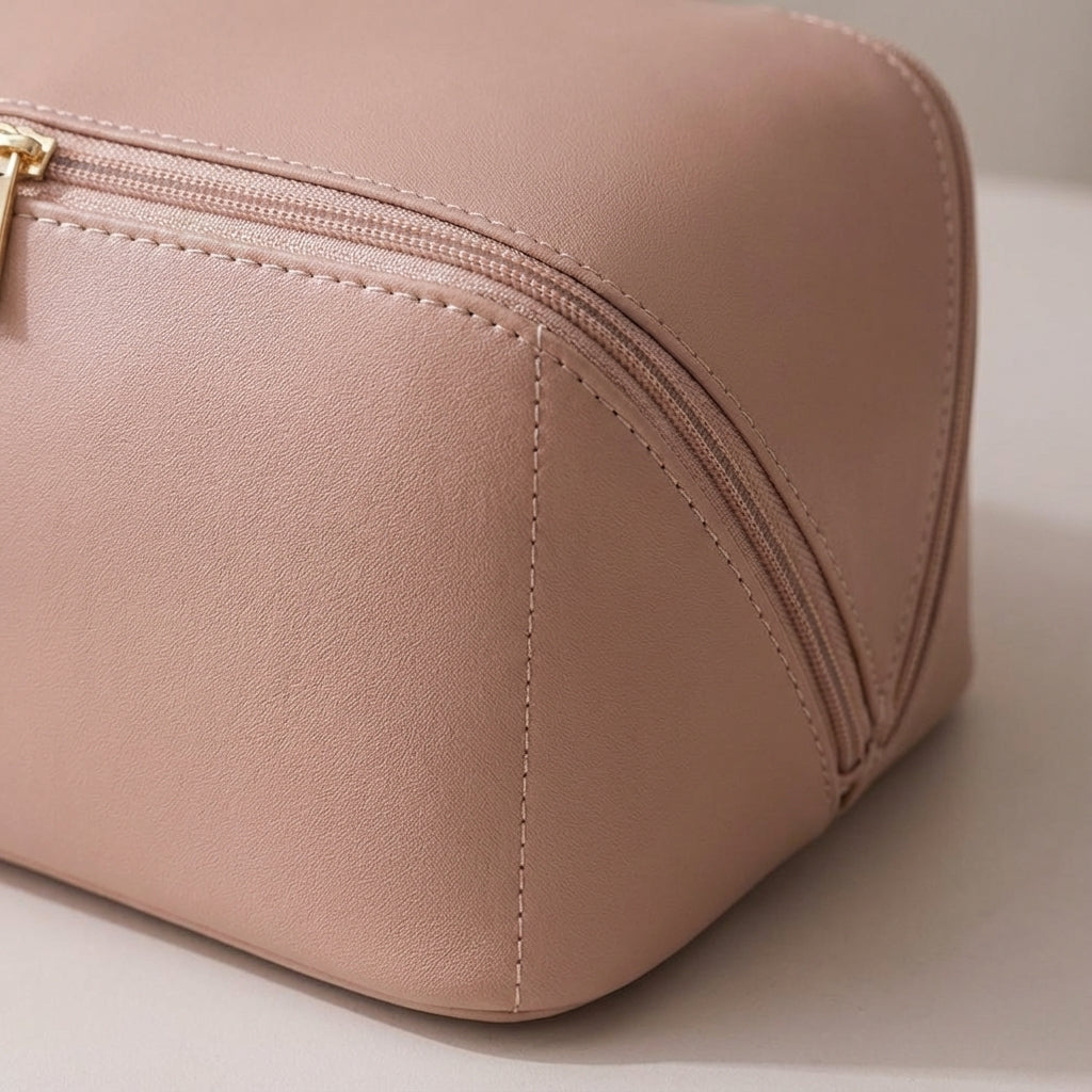 Compartmented Faux Leather Wide Opening Travel Makeup Organizer