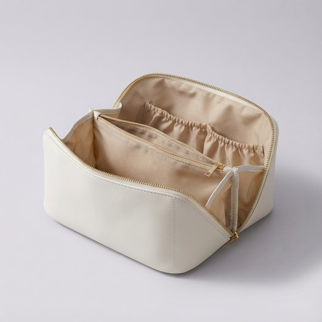 Compartmented Faux Leather Wide Opening Travel Makeup Organizer
