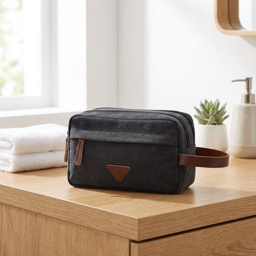 Dual Compartment Waterproof Canvas Toiletry Bag With Faux Leather Handle