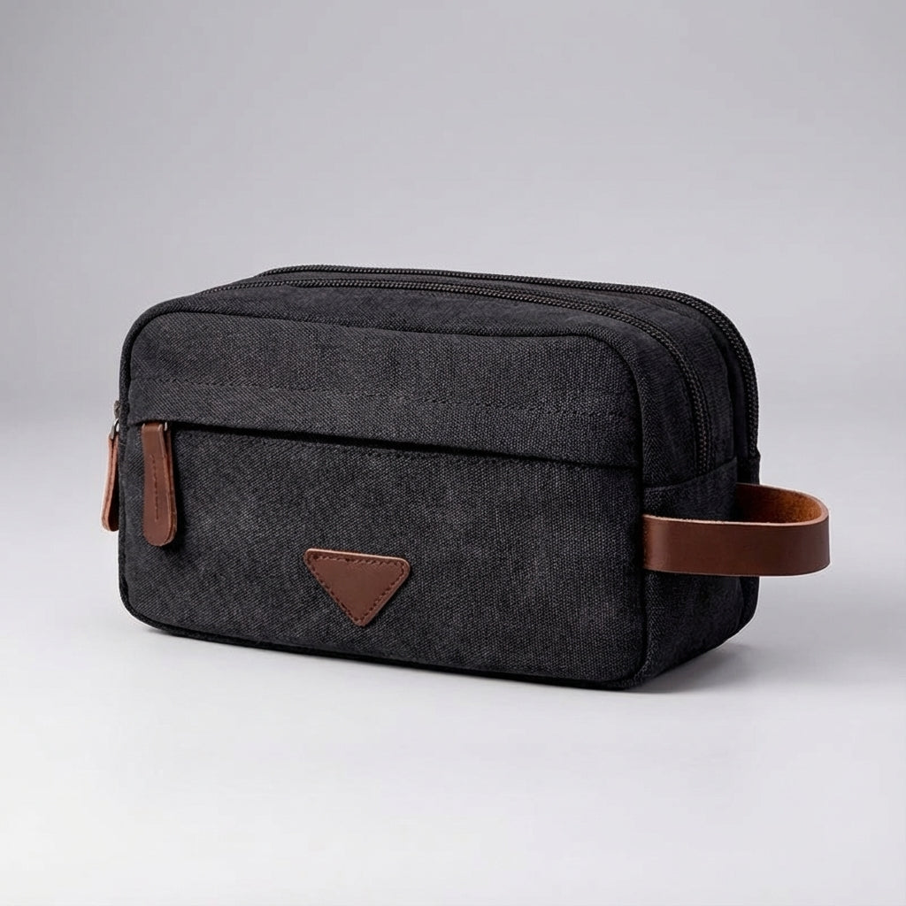 Dual Compartment Waterproof Canvas Toiletry Bag With Faux Leather Handle