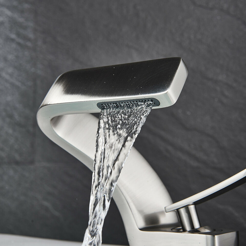 Curved Waterfall Spout Dual Handle Stainless Steel Kitchen Faucet