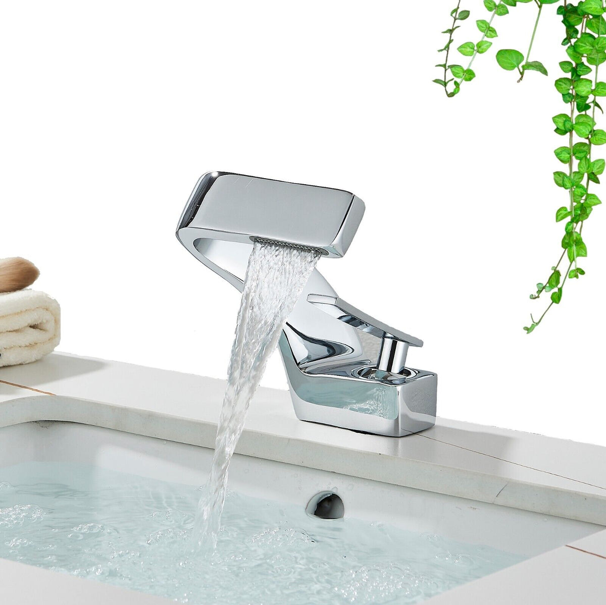 Curved Waterfall Spout Dual Handle Stainless Steel Kitchen Faucet