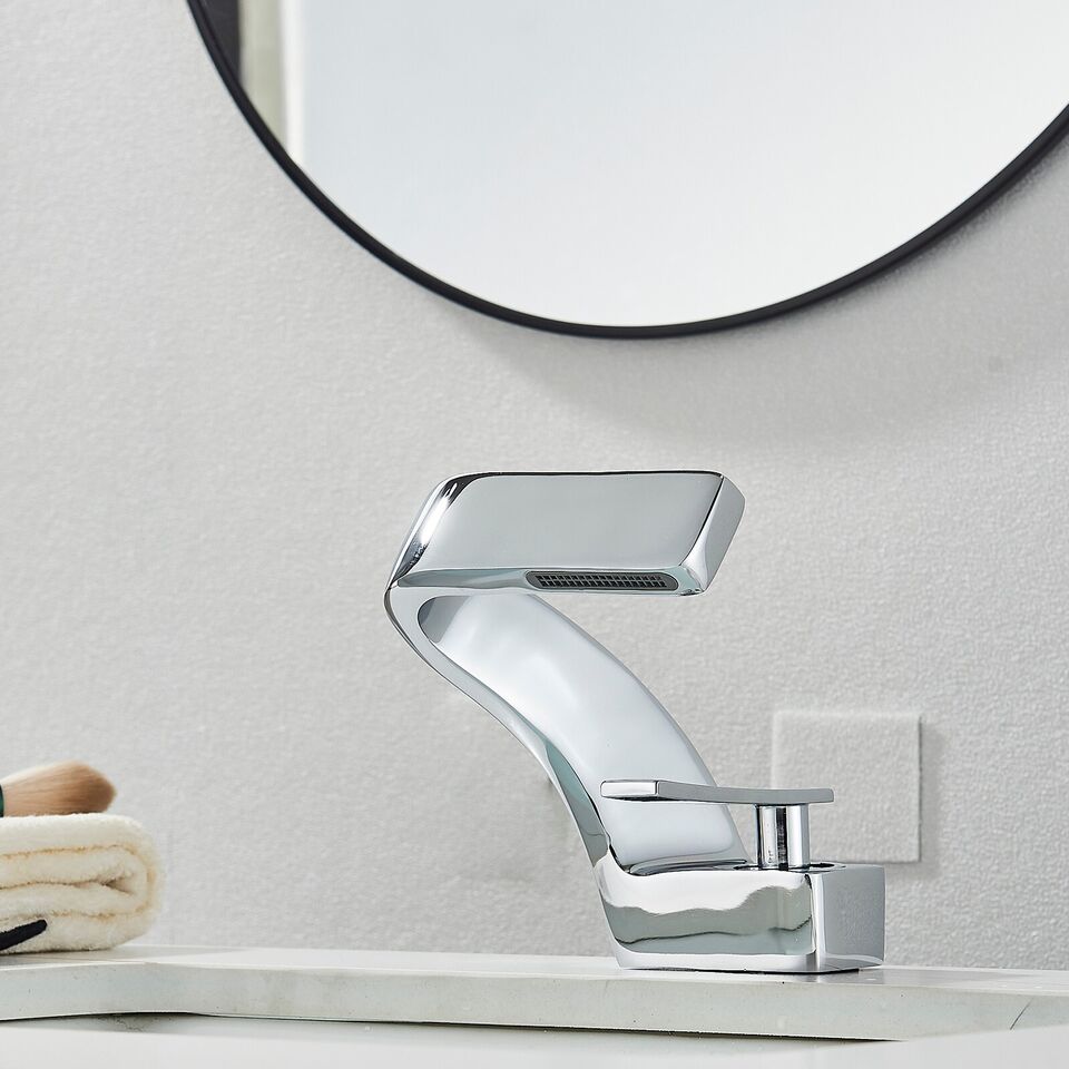 Curved Waterfall Spout Dual Handle Stainless Steel Kitchen Faucet