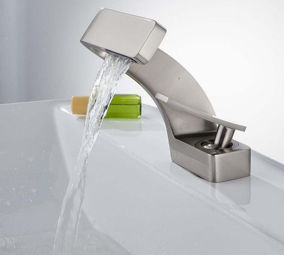 Curved Waterfall Spout Dual Handle Stainless Steel Kitchen Faucet