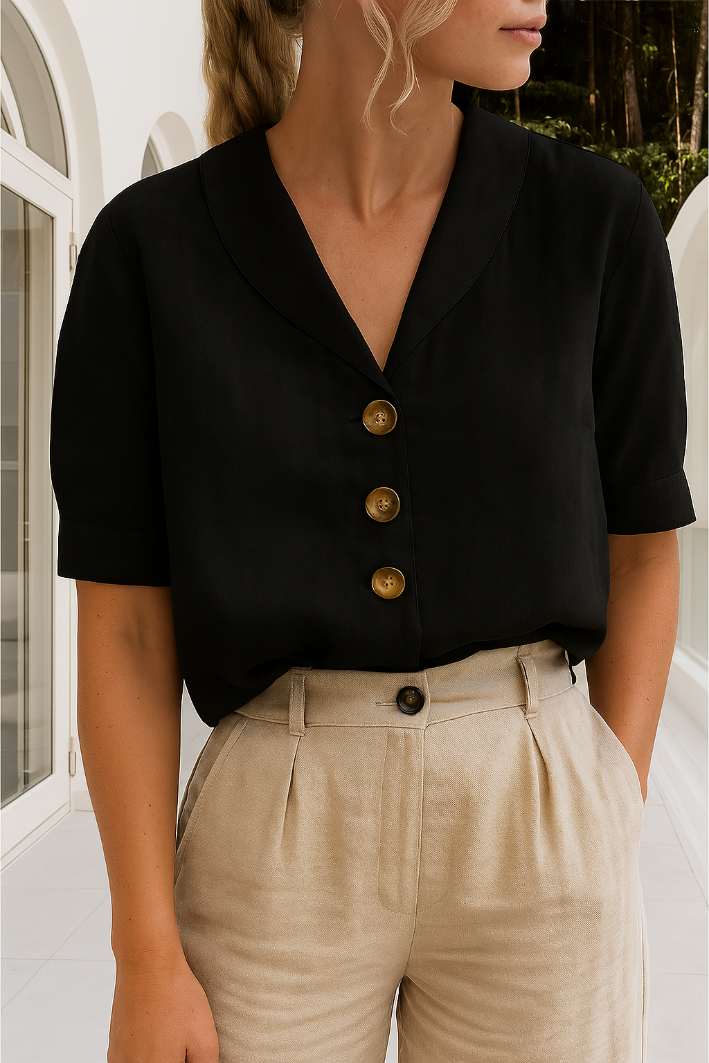 Envelope Neckline Blouse with Button Detail – Short and Long Sleeve 2