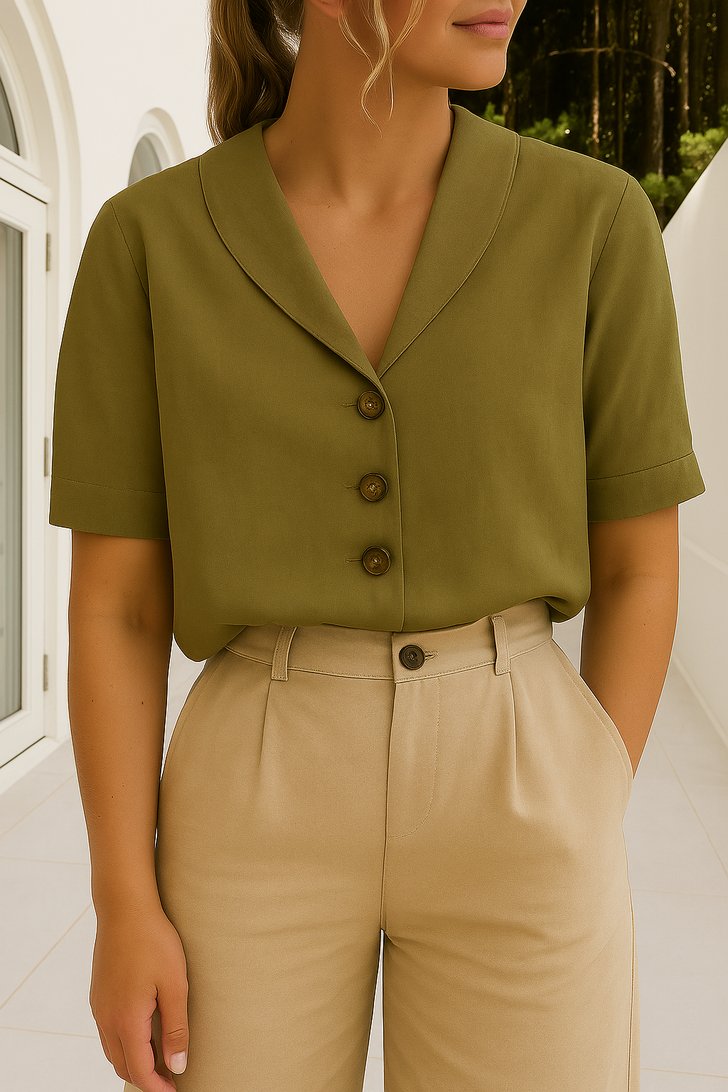 Envelope Neckline Blouse with Button Detail – Short and Long Sleeve 5