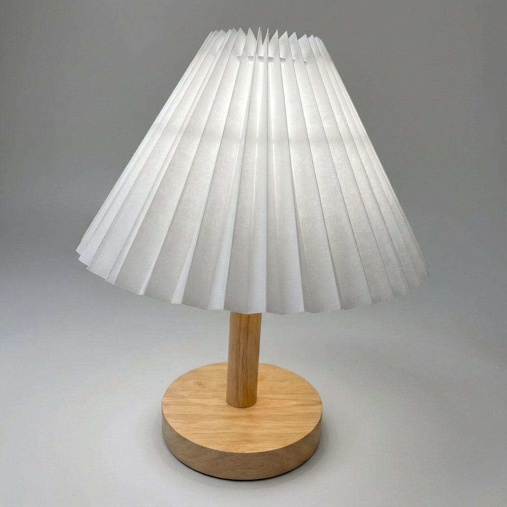 Foldable Pleated Shade Rechargeable Sculptural Wooden Base Table Lamp