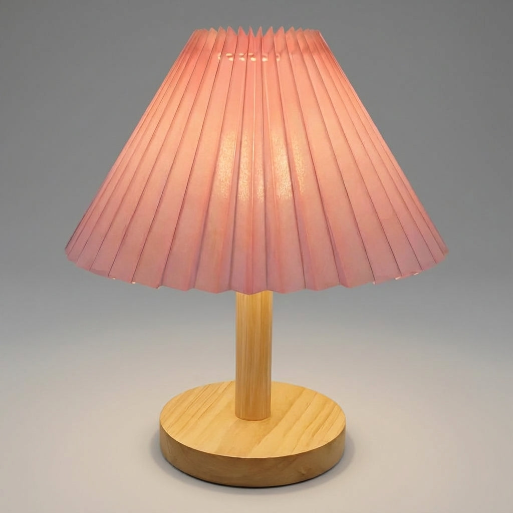 Foldable Pleated Shade Rechargeable Sculptural Wooden Base Table Lamp
