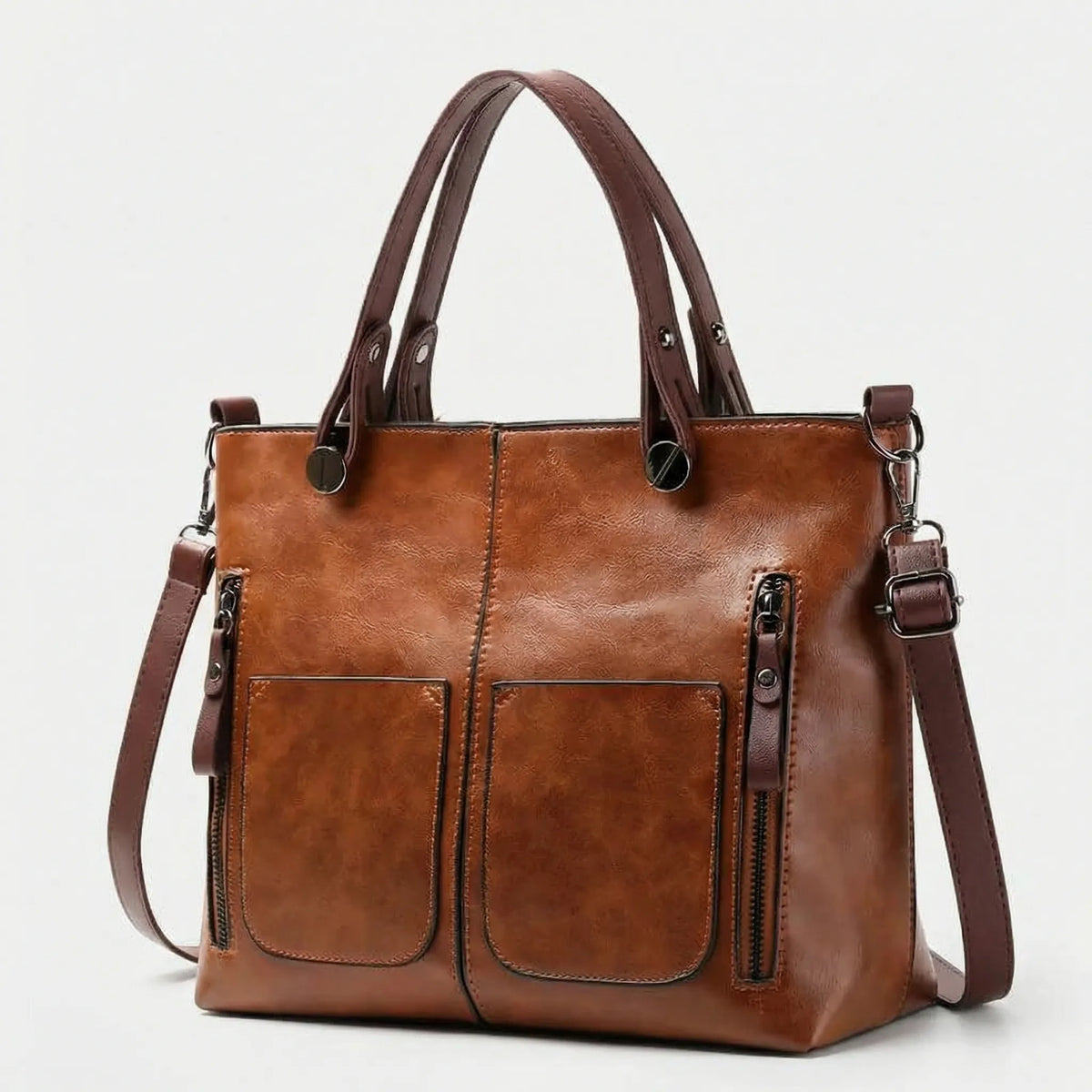 Classic Textured Rectangular Multi Pocket Shoulder Bag With Handles