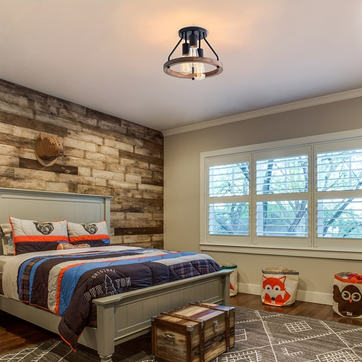 Rustic Wood And Metal Semi-Flush Ceiling Light