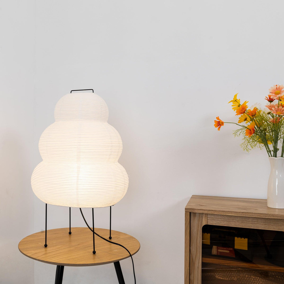 Japanese Lantern Inspired Mulberry Paper Metal Table Lamp