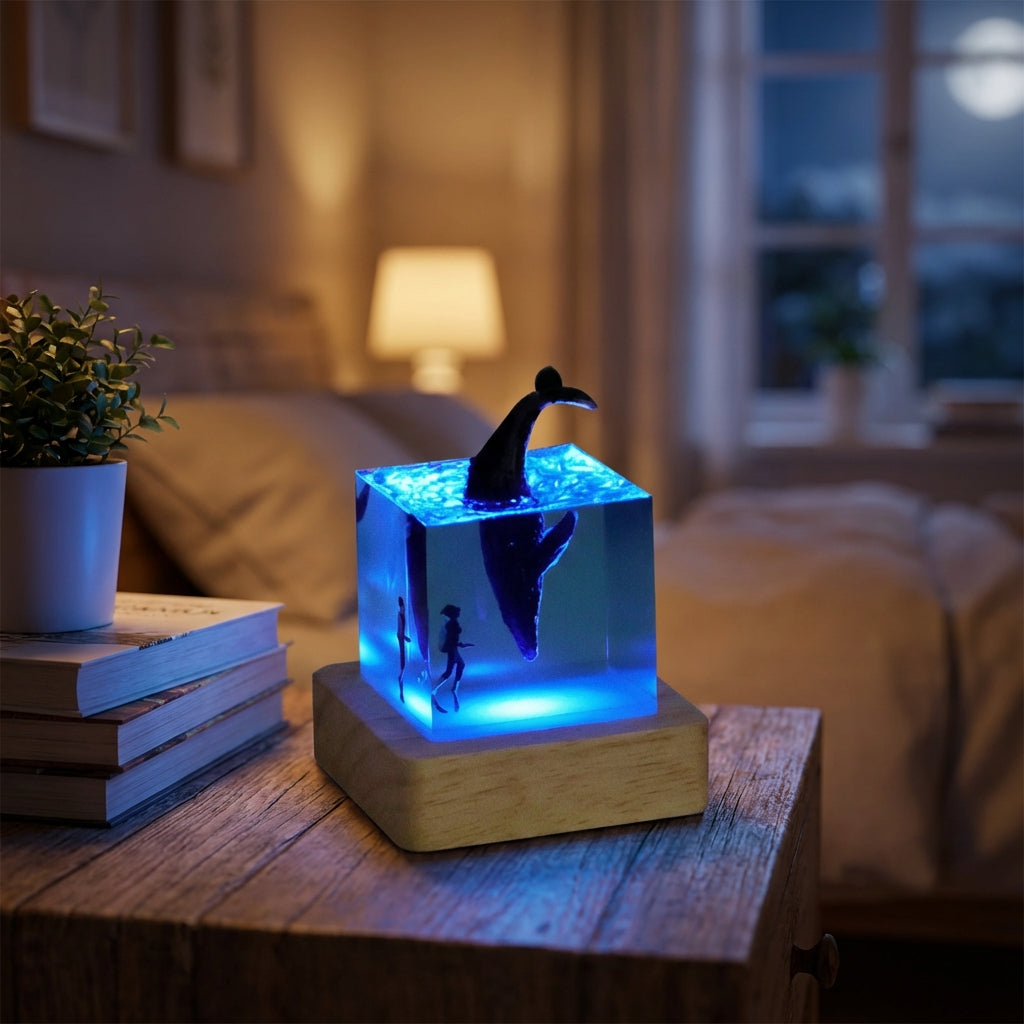 Landscape Resin Art Cube Wooden Base Table Lamp