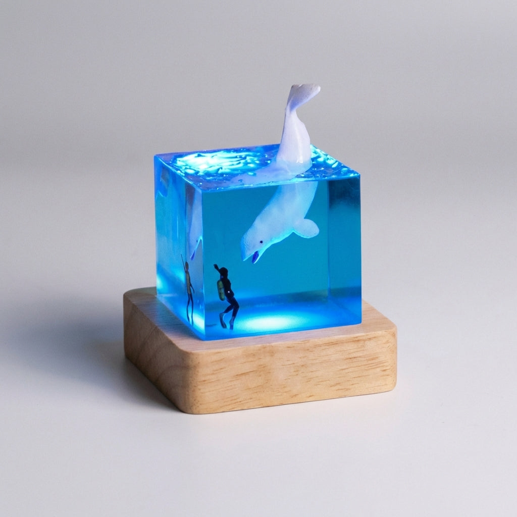 Landscape Resin Art Cube Wooden Base Table Lamp