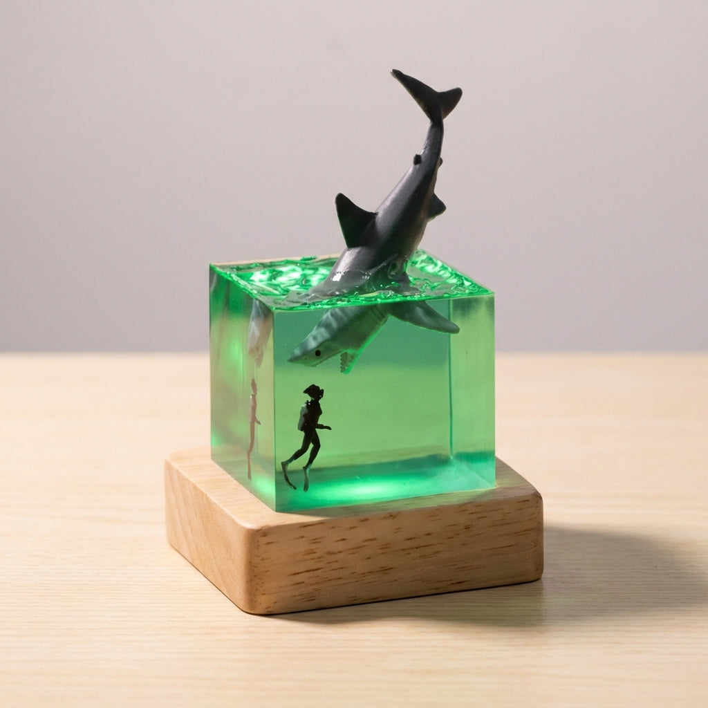 Landscape Resin Art Cube Wooden Base Table Lamp