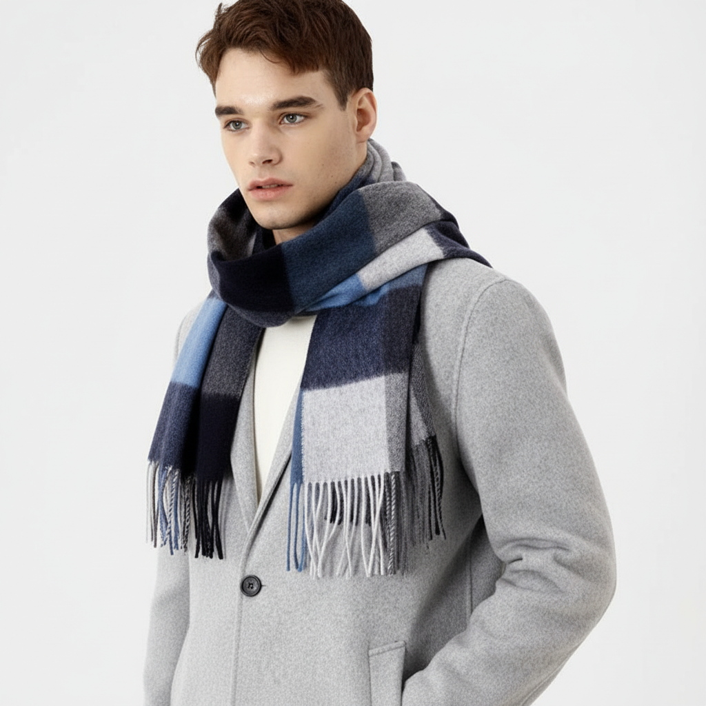 Soft Dense Check Pattern Fringed Long Scarf