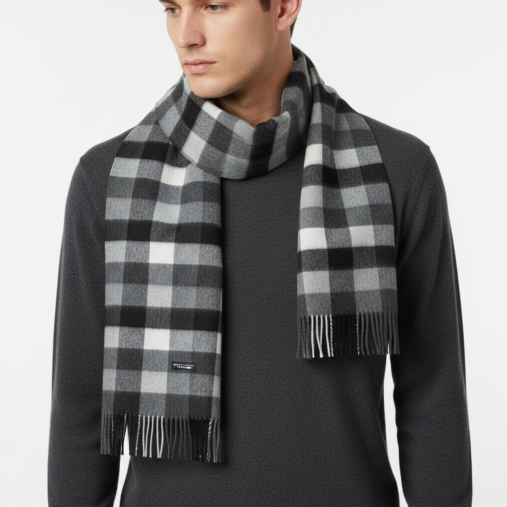 Soft Dense Check Pattern Fringed Long Scarf