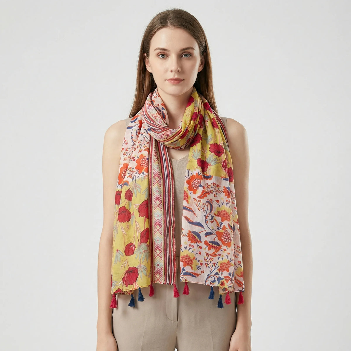 Boho Floral Print Tasseled Lightweight Women's Scarf Wrap